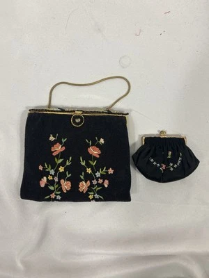 Stunning Vintage Micro Beaded Black Floral Design Purse Brass Handle  - Image 1 of 4