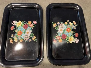 Vintage Metal Trays Black Floral Flowers 14x9 Serving Tray Lot Of 2 - Picture 1 of 8