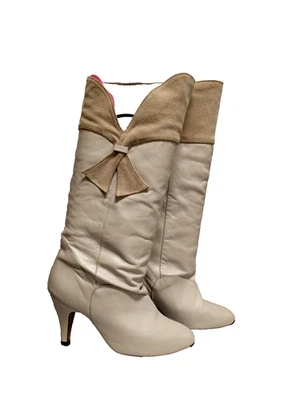 Life Stride Women's Ivory Leather Suede Bow Detail Knee High Stiletto Boots 7.5W - Image 1 of 4