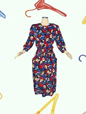 VTG MARCHIONDA OF CALIFORNIA Red White Blue Green SHIFT Dress PUFF Sleeve Sz 10 - Image 1 of 4