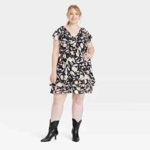 Universal Thread Women's Size Medium Short Sleeve Mini A-Line Dress Black Floral - Picture 1 of 2
