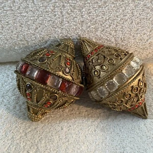 VTG Mid Century Large Gold Ornate Baroque Embellished Christmas Ornaments Set 2 - Picture 1 of 11