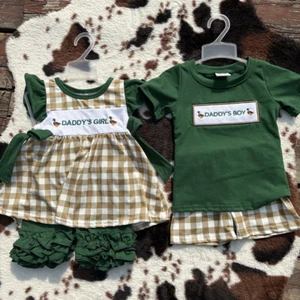 Sibling Boys Baby Girls Embroidery Daddy Ducks Summer Outfits Suits Father's day - Picture 1 of 9