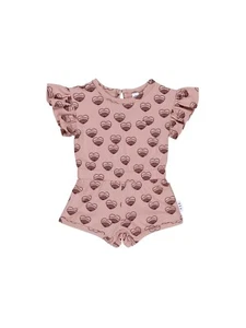 Huxbaby Girls Short Sleeve Romper Organic Cotton Hearts Print Dusty Rose Pink 8Y - Picture 1 of 3