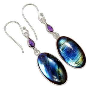 Natural Multi Fire Labradorite & Amethyst 925 Silver Earrings Jewelry ALLE-19446 - Picture 1 of 1