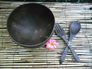 Natural Coconut Shell Bowl + Coconut Spoon & Fork - Picture 1 of 10