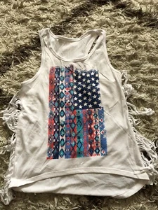 American Flag Kids Girls White Fringes Tank Top Shirt July Tribal Stripes Small - Picture 1 of 3