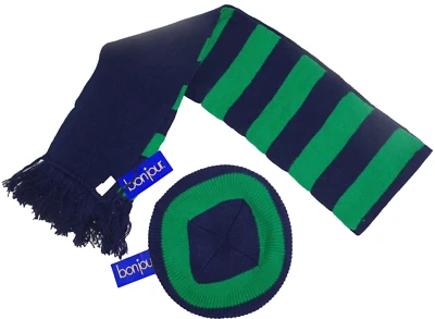 Nuevo con etiquetas Gorro Bonjour y Chal Bufanda a Juego Tejido a Rayas Azul y Verde Foto 1 de 4