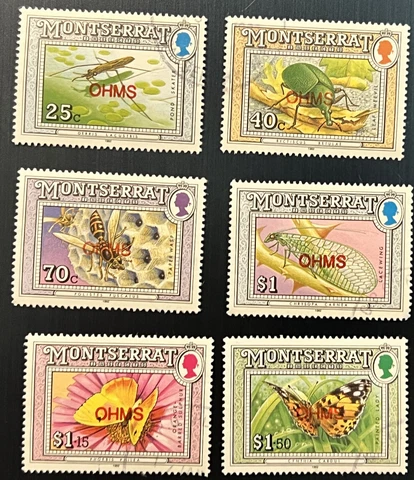 MONTSERRAT OHMS RED OVERPRINT LOT OF 6 STAMPS INSECTS, QUEEN ELIZABETH II Cover