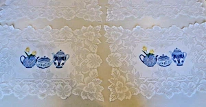 Vintage Delft Blue Pottery  Designed Teapots Tea Party Lace Placemat Set of 4 - Picture 1 of 7