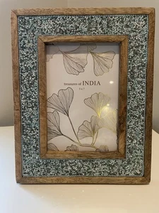 Hand-made Picture Frame for 5”x7”Photo 10.75”x8.5”Glass/ Beads/Pearl White/Blue - Picture 1 of 4