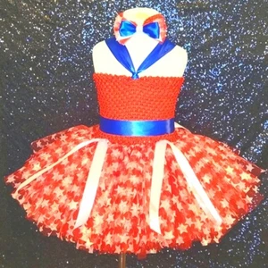 Kids TuTu Dress And Headband Set Red, Whitw & Blue Handmade Size 4T - 6 - Picture 1 of 7