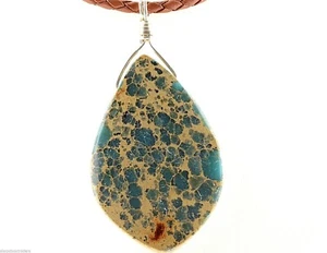 Unisex Chrysocolla Sterling Wire Wrap Pendant Necklace Leather Cord Strength  - Picture 1 of 3