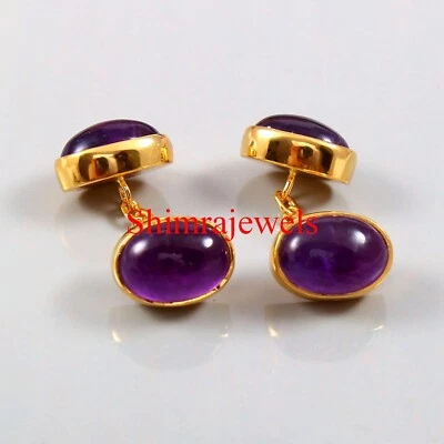 Pedra preciosa de ametista natural com abotoaduras de prata folheadas a ouro 18K #532 - Imagem 1 de 4