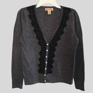 Marisa Christina Merino Wool Cardigan Womens Large Gray Lace Trim V Neck Sweater - Picture 1 of 13