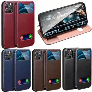 Real Genuine Leather Wallet Flip Window Case Cover For iPhone 16 15 14 13 12 - Picture 1 of 20