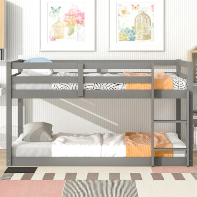 Twin Over Twin Low Bunk Bed Loft Bunk Bed Wood Bed for Kids Adults Dorm Bedroom - Image 1 of 4