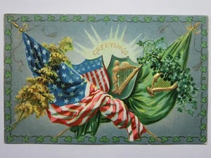 IRE60 - c1910 SALUDOS IRLANDA Y EE. UU. Entrelazada - Postal irlandesa dorada y en relieve - Imagen 1 de 3