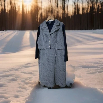 Traje de vestir de oficina años 60 poliéster azul y cuadros con chaleco extraíble Foto 1 de 4
