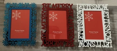 Lote de 3 marcos de fotos de vacaciones de Navidad 4x6 rojo blanco azul festivo Be Merry Foto 1 de 4