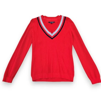 MOVETES Pullover Nylon Sweater V-Neck Striped Trim Red Blue Metallic Small - Image 1 of 4