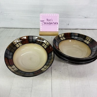 Conjunto de 4 tigelas de sopa de cereais Pfaltzgraff CALICO bloco mosaico bronzeado vermelho creme cerâmica - Imagem 1 de 4