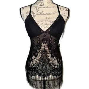 Camicia babydoll Victoria's Secret in pizzo nero con dettagli frange taglia small nuova senza etichette - Foto 1 di 6