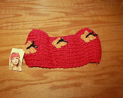 Red Crochet Headband Headwrap Knitted w Butterflies Ear Warmer   Football Cozy - Image 1 of 2