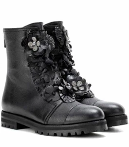 Jimmy Choo Havana Floral Combat Boots with Crystals - Black Leather Size 37 / 7 - Picture 1 of 6