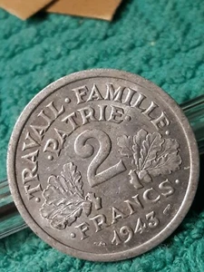 1943 ~ French ~ 2 Franc Coin ~ France ~ KM#904 Heavily Circulated ~ WW2 Era Coin - Picture 1 of 12