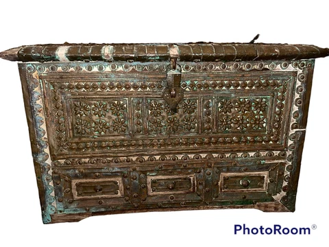 19th Century Teakwood & Brass Indian Antique Damchiya Shirazi Dowry Chest Cover