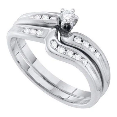 10K White Gold 1/4 CTTW Round Natural Diamond Solitaire Bridal Wedding Ring Set - Image 1 of 4