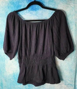 Ann Taylor Loft Women's L Cap Sleeve Black Pull-on Blouse Ruffles VGPOC - Picture 1 of 4