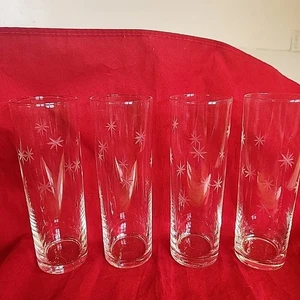 Vtg Set Of 4 Atomic Star Dust MCM Zombie/Ice Tea Etched Glasses CG Quartex 7 In - Picture 1 of 13