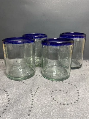 Mexico Blown Glass Whiskey Double Low Ball 4” Glasses Cobalt Blue Rim Set Of 4 - Image 1 of 4