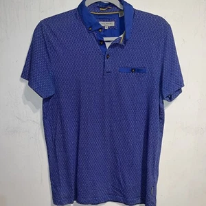 Ted Baker Grey Polo Shirt Size 2 Small Short Sleeve Mens Geometric Blue - Picture 1 of 11