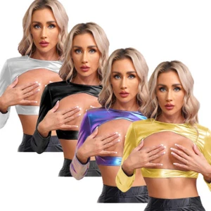 Womens Tee Round Neck Shirt Open Front Crop Top Performance Shiny Open Bust Bra - Picture 1 of 54