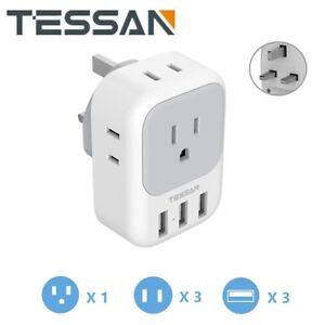 TESSAN US to UK Plug Adapter,4 Outlets 3 USB Charger,Type G Plug for Ireland