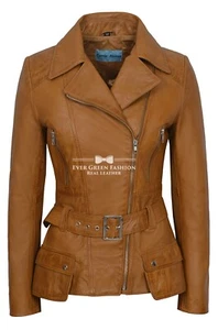 Damen Vintage Biker Style feminine hellbraun gewaschen Designer Echt Leder Jacke 2812 - Bild 1 von 5