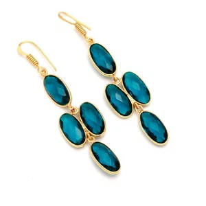 Indicolite Tourmaline Gemstone Dangle 925 Sterling Silver Stud Earring Jewelry - Picture 1 of 6