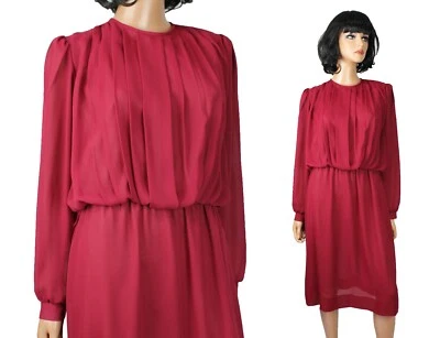 Полупрозрачное платье размер M винтажное 80-х темно бордовое красное шифоновое креп с длинным рукавом - Изображение 1 из 4