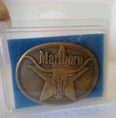 Vintage Marlboro Longhorn Brass Belt Buckle Oval Cowboy 1987 Phillip Morris - Image 1 of 4
