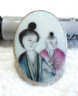 Vintage Painted Ceramic Button 1 3/8" x 1" ASIAN WOMAN & MAN - Image 1 of 4