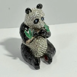 Perry Borrelli Crystal Panda Trinket Box Black Green Enamel Bamboo Hinged 2.75" - Picture 1 of 11