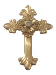Jane Davis Crystal Filagree Cross 1998 AOL Angel Of Love Pin Brooch Gold Vtg - Picture 1 of 5
