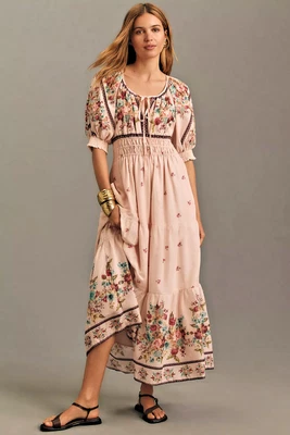 XLNT ANTHROPOLOGIE Somerset Puff Sleeve Edition MAXI DRESS Floral Cream Pink S - Image 1 of 4