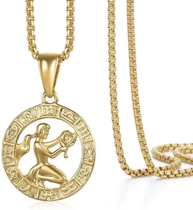 Gold Plated Virgo Zodiac Sign Necklace Gifts for Women Men Horoscope Pendant 22" - Picture 1 of 4