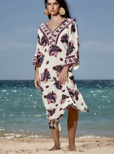 ✩ Fab *ZARA* Paisley Beaded Embroidered Oversize Cotton Kaftan Maxi Dress S✩ - Picture 1 of 10