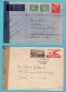 SWITZERLAND 2 censored air covers 1945 Steffisburg, Thun to Elsah, USA - Picture 1 of 2