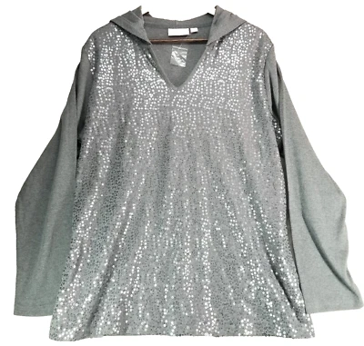 Quacker Factory Womens XL Gray Hoodie Sequins Tunic Top Long Sleeve Sparkle NWOT - Image 1 of 4